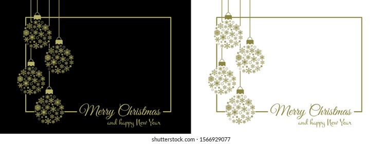 Merry Christmas text greeting card frame set with hanging christmas ball baubles decorated with snowflakes, stars and lights golden on black and white background. Flat design. Vector EPS10, copy space