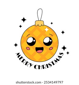 Merry Christmas text greeting card. Cute Xmas tree ornament with cheerful face and smile. Adorable bauble vector illustration. Doodle Christmas decoration, happy character in groovy and kawaii style.