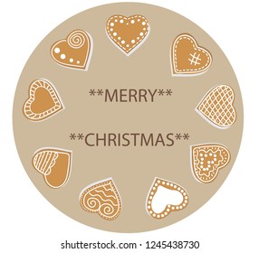 Merry Christmas text for greeting cards with tasty gingerbreads decoration. Xmas Wishes. Happy New Year card design. Vector illustration.