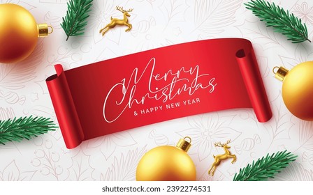 Merry christmas text greeting vector template design. Christmas greeting typography in red paper ribbon with xmas balls, spruce and deer for holiday season template. Vector illustration greeting card 
