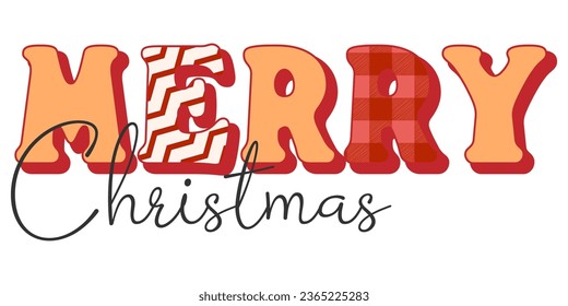 Merry Christmas text in Groovy Hippie Retro 70s style with xmas elements.