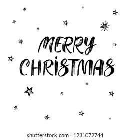 Merry Christmas text. Hand drawn black brush calligraphy on white vector background with stars. Handwritten modern lettering