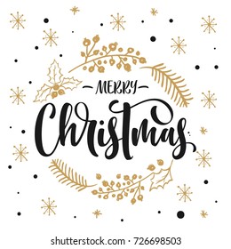 Merry Christmas text with hand drawn branches. Brush lettering.