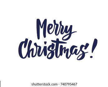 Merry Christmas text, hand drawn brush lettering. Holiday greetings quote isolated on white. Great for Christmas and New year cards, gift tags and labels, photo overlays.