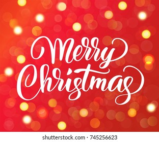 Merry Christmas text, hand drawn lettering. Golden sparkling glowing lights. Red background with bokeh effect. Holiday greetings quote. For Christmas and New year cards, party posters, gift tags.