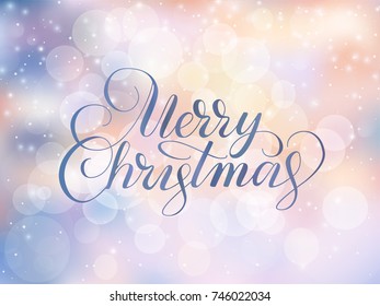 Merry Christmas text, hand drawn letters. Holiday greetings quote. Blurred winter background with falling snow effect. Great for Christmas and New year cards, posters, gift tags.