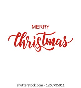 Merry Christmas text. Hand lettering typography for Happy New Year holidays greeting card, invitation, banner, postcard, web, poster template. Vector illustration.