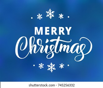 Merry Christmas text. Holiday greetings quote. Hand drawn lettering on blue background. Great for Christmas and New year cards, posters, gift tags and labels. Vector.