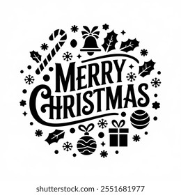 "Merry Christmas" text with holiday icons like candy canes, holly, bell, snowflakes, and gifts in a circular pattern. Black and white design.