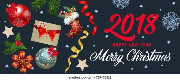 Merry Christmas text with holiday symbols