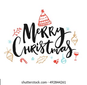 Merry Christmas text. Holiday vector illustration with handmade lettering. Christmas doodles of knitted hat, decorations and glass of wine. Black type on white background.