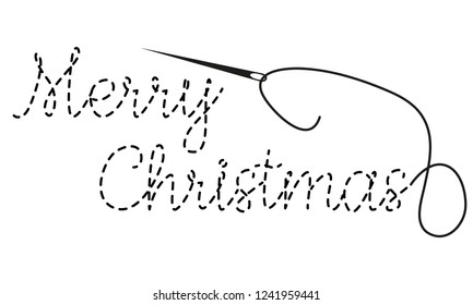 Merry Christmas text with interrupted contour. Hand made vector illustration with embroidery thread and needle on white background