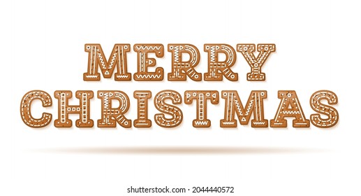 Merry Christmas Text Isolated on White. Glazed Phrase in Cookie Style. Gingerbread Letters. Vector Illustration. 