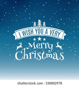 Merry Christmas text label on a winter background with snow and snowflakes. Greeting card template. Vector illustration design