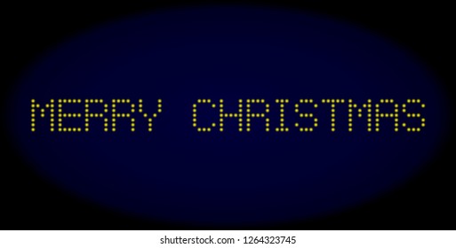 Merry Christmas text in LED style with round glowing pixels. Vector light yellow symbols forms Merry Christmas text on a dark blue background. Digital font with circle elements.