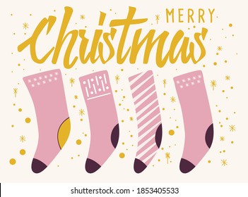 Merry Christmas text lettering card design with stockings and decoration. Colorful flat vector illustration