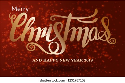 Merry Christmas text lettering premium luxury Classic Christmas 2019 Deer pictogram Big Christmas tree,Golden object on red background calligraphy New Year Celebration vector illustration