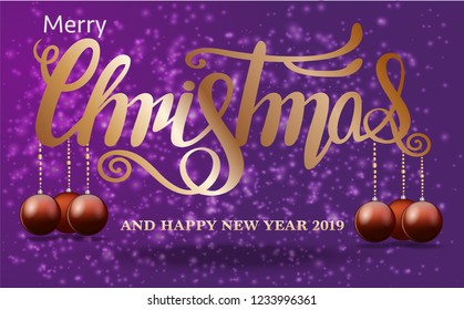 Merry Christmas text lettering premium luxury Classic Christmas 2019/ Golden object on purple background calligraphy New Year Celebration vector illustration