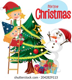 Merry Christmas text logo with Christmas and decorations illustration