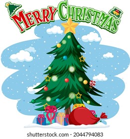 Merry Christmas text logo with Christmas and decorations illustration
