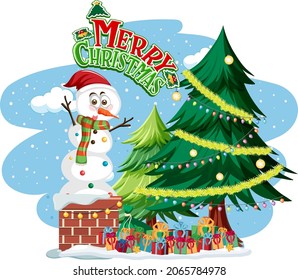 Merry Christmas text logo with Snowman and Christmas tree illustration