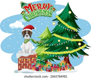 Merry Christmas text logo with Christmas tree and cute dogs illustration