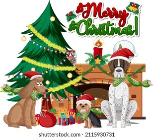 Logo de texto de Feliz Navidad con árbol de Navidad e ilustración de perros lindos