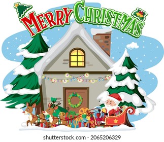 Merry Christmas text logo with winter house and decorations illustration