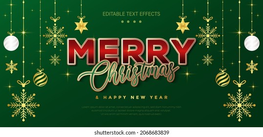 Merry christmas text. Luxury and elegant green gradient horizontal banner template design with snowflake decoration, stars, gold balls hanging on ribbon. Christmas style editable text effect