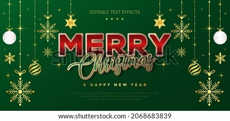 Merry christmas text. Luxury and elegant green gradient horizontal banner template design with snowflake decoration, stars, gold balls hanging on ribbon. Christmas style editable text effect