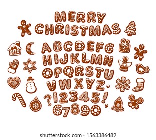 Merry Christmas text made of chocolate biscuits. Gingerbread alphabet and cute traditional holiday cookies. Sugar coated letters and numbers. Cartoon hand drawn vector isolated on white background.