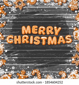 Merry Christmas text made of gingerbread cookies on old rusty wooden table sprinkled with flour. Cartoon hand drawn vector illustration.