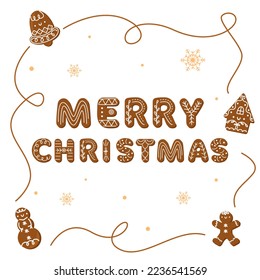 Merry Christmas text made of gingerbread cookies. Cartoon hand drawn vector isolated on white background.