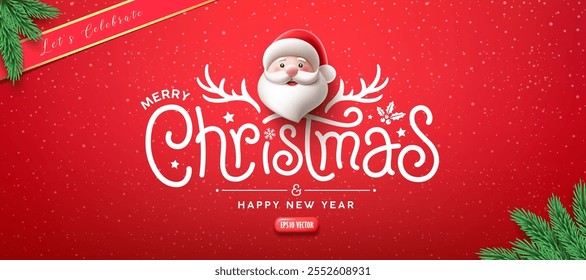 Merry Christmas text message, Cute Santa character, pine leave greeting card banner design on red background, Eps 10 vector illustration