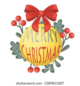 Merry Christmas Text on Christmas Ball with Red Ribbon and Christmas Flower Vector Illustration