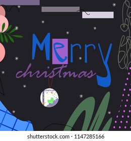 Merry christmas text on dark abstract background cartoon style vector illustration