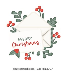 Merry Christmas Text on Paper with Open Envelope and Christmas Flower Decoration Vector Illustration