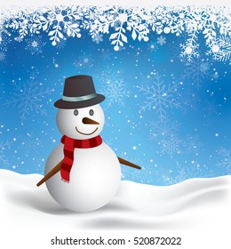 Merry christmas text on paper bord and Smiling snowman, High detailed vector illustration