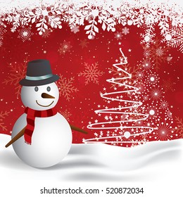 Merry christmas text on paper bord and Smiling snowman, High detailed vector illustration