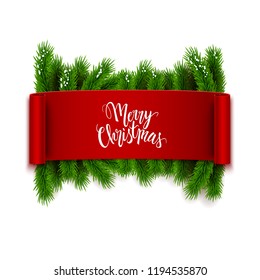 Merry Christmas Text On Realistic Ribbon With Fir Branches, Vector Illustration