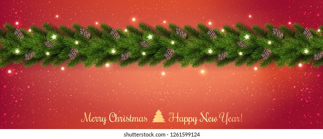 Merry Christmas text on red shiny background with garland of Christmas tree branches, snowflakes, stars. Xmas and New Year card. Vector Illustration