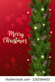 Merry Christmas Text on red background with garland of tree branches decorated with stars, lights, snowflakes. Xmas and New Year theme. Vector Illustration