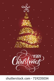 Merry Christmas text on on red holiday background with stilized fir tree and stars. Hand drawn Calligraphy lettering Vector illustration EPS10.
