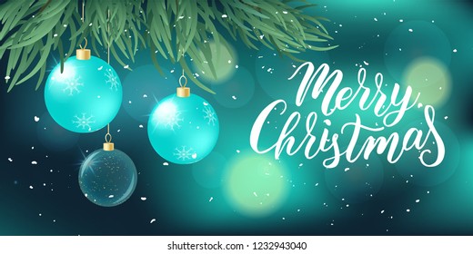 Merry Christmas text on textured background with balls. Hand lettering typography for Happy New Year holidays greeting card, invitation, banner, postcard, web, poster template. Vector illustration.