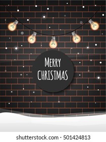 Merry Christmas text on wall with lights, snow. Holly Jolly Christmas.Holiday Vector Illustration. Design for congratulation cards, banners, flyers. Greeting Card. Fabric print.Vector, EPS10.