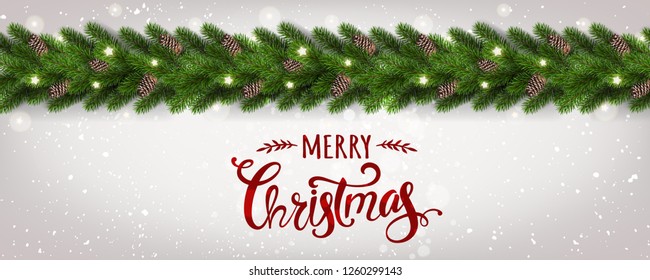 Merry Christmas text on white shiny background with garland of Christmas tree branches,  snowflakes, stars. Xmas and New Year card. Vector Illustration
