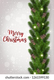 Merry Christmas Text on white background with garland of tree branches decorated with stars, lights, snowflakes. Xmas and New Year theme. Vector Illustration