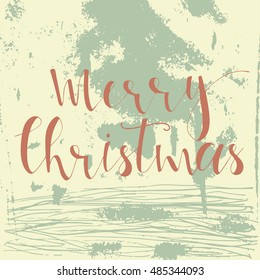 Merry Christmas  text on a winter background, snow and snowflakes. Greeting card template, poster with quote, T-shirt design or home decor element. Vector typography.