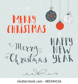 Merry Christmas  text on a winter background, snow and snowflakes. Greeting card template, poster with quote, T-shirt design or home decor element. Vector typography.