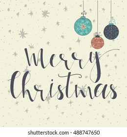 Merry Christmas  text on a winter background, snow and snowflakes. Greeting card template, poster with quote, T-shirt design or home decor element. Vector typography.